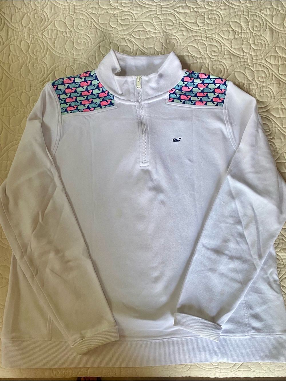 Vineyard Vines White Zip Pullover with Pink & Blue Whale Print Shoulders
